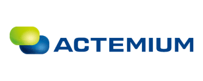 Logo Actemium : expert en solutions pour l'industrie Logo Actemium avec bulles superposées verte et bleue et lettrage bleu foncé.