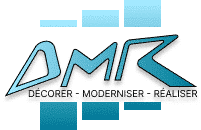 Logo DMR : Décorer, Moderniser et Réaliser vos Projets Logo DMR bleu, texte 'DÉCORER - MODERNISER - RÉALISER' avec formes géométriques en dégradé.