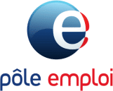 Logo Pôle emploi : service public recrutement et travail Logo Pôle emploi : sphère bleue, lettre e blanche et texte pôle emploi bleu et rouge.